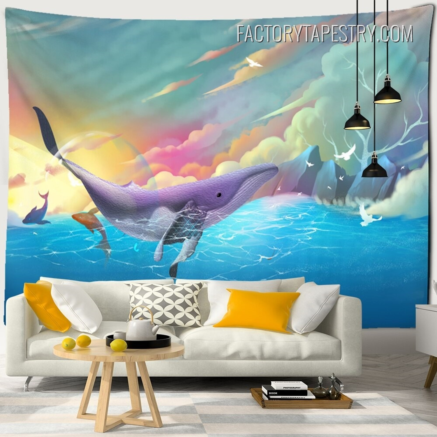 Ocean Whale Sea Animal Fantasy Cartoon Kawaii Modern Wall Hanging Tapestry for Bedroom Décor