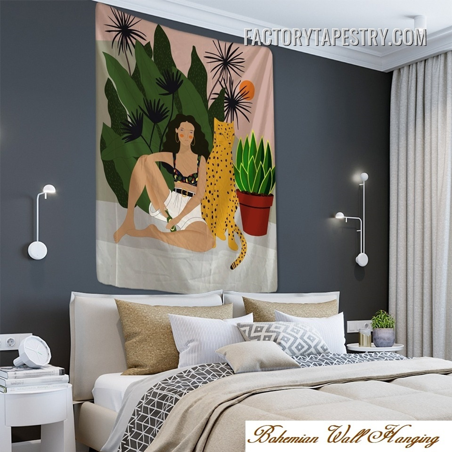 Woman with Cheetah Figure Abstract Bohemian Wall Tapestry Art