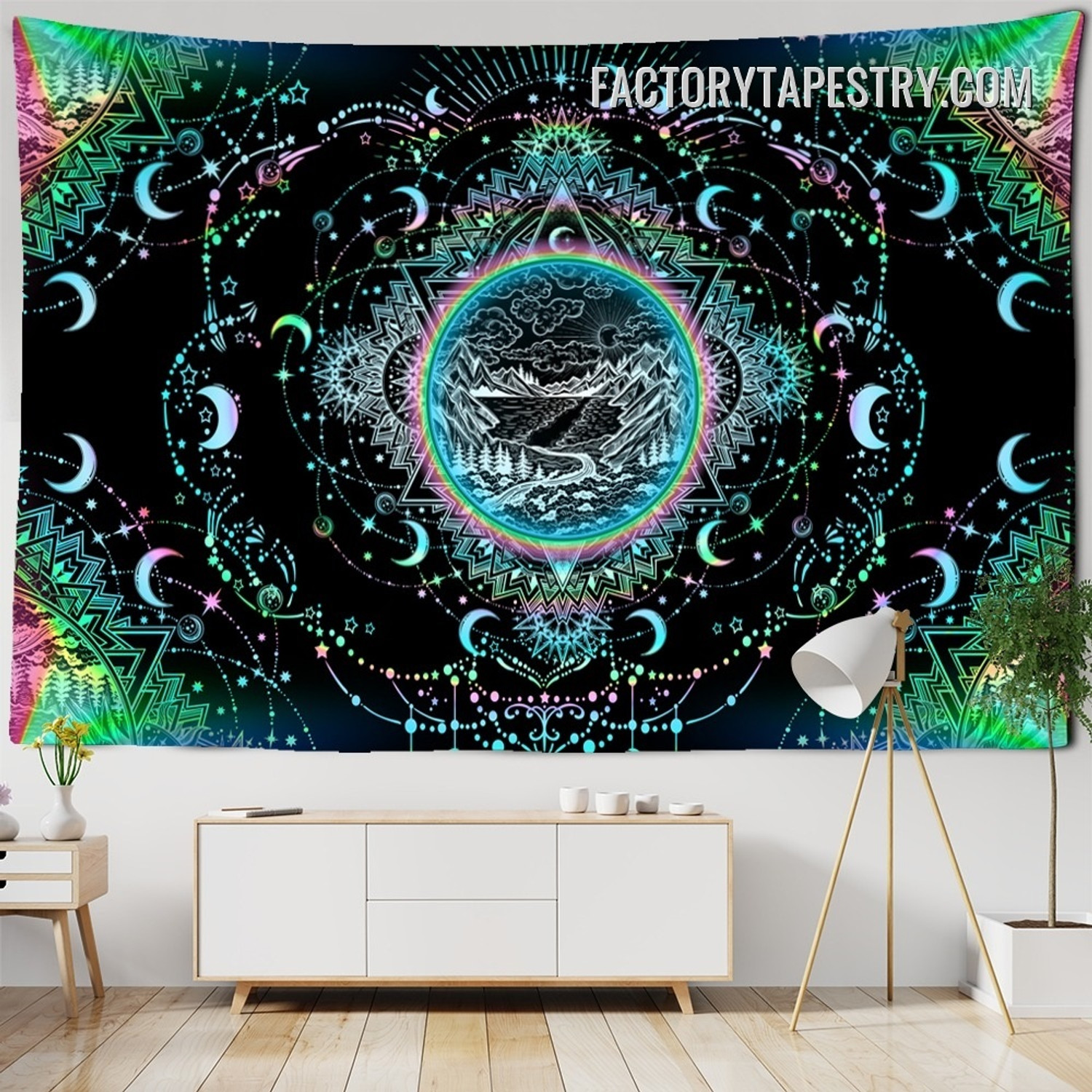 Mountain and Moons Tarot Psychedelic Wall Art Tapestry