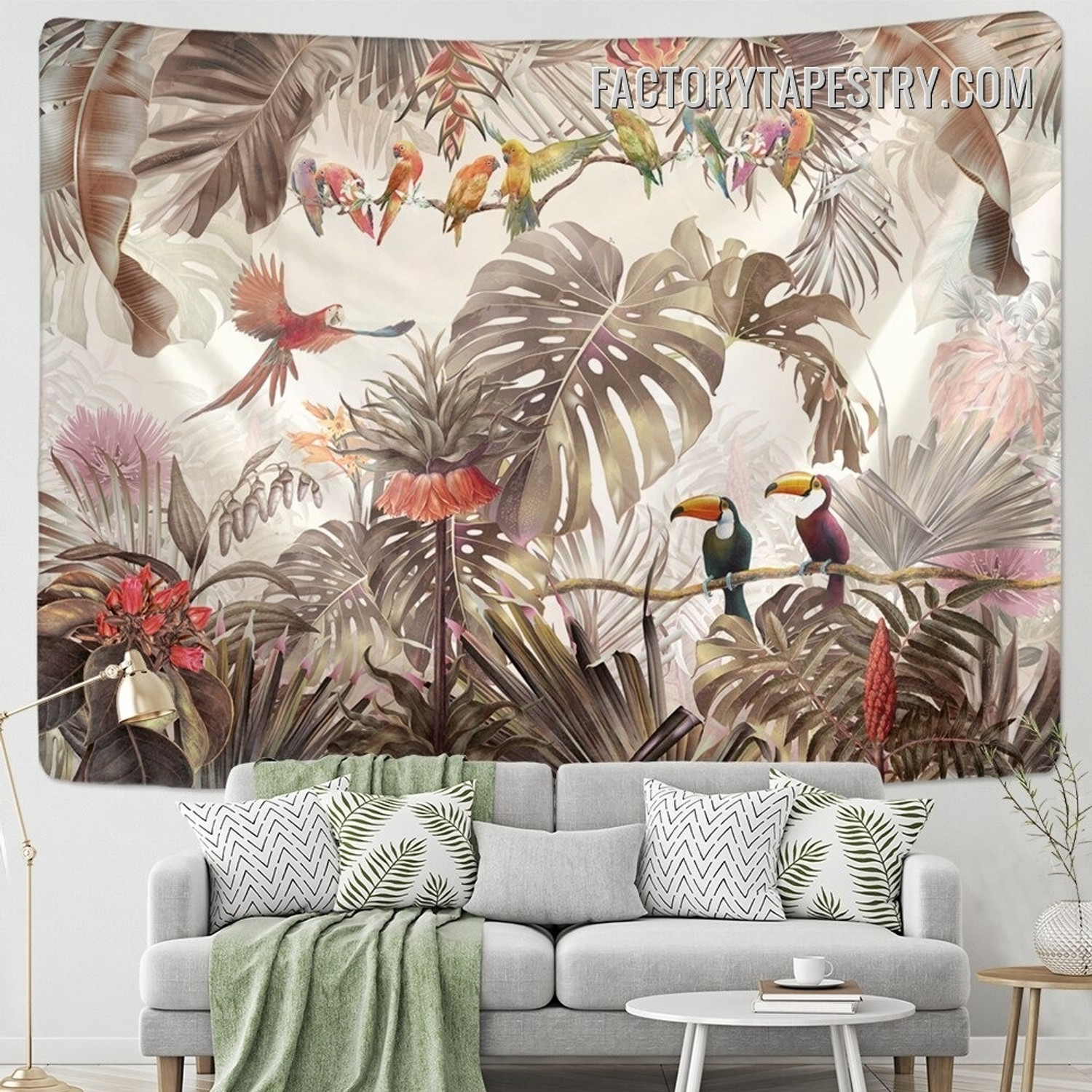 Tropical Birds Botanical Floral Landscape Retro Tapestry Wall Art