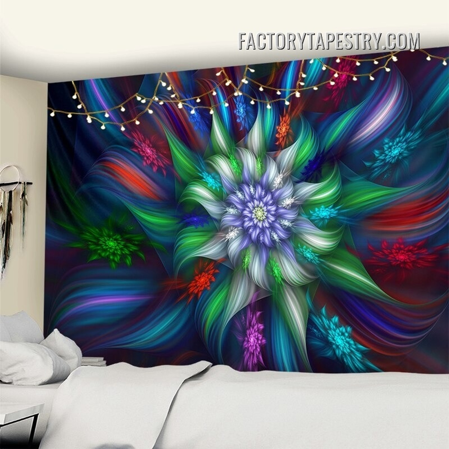 Multicolor Fractal Flowers Abstract Psychedelic Tapestry Wall Art