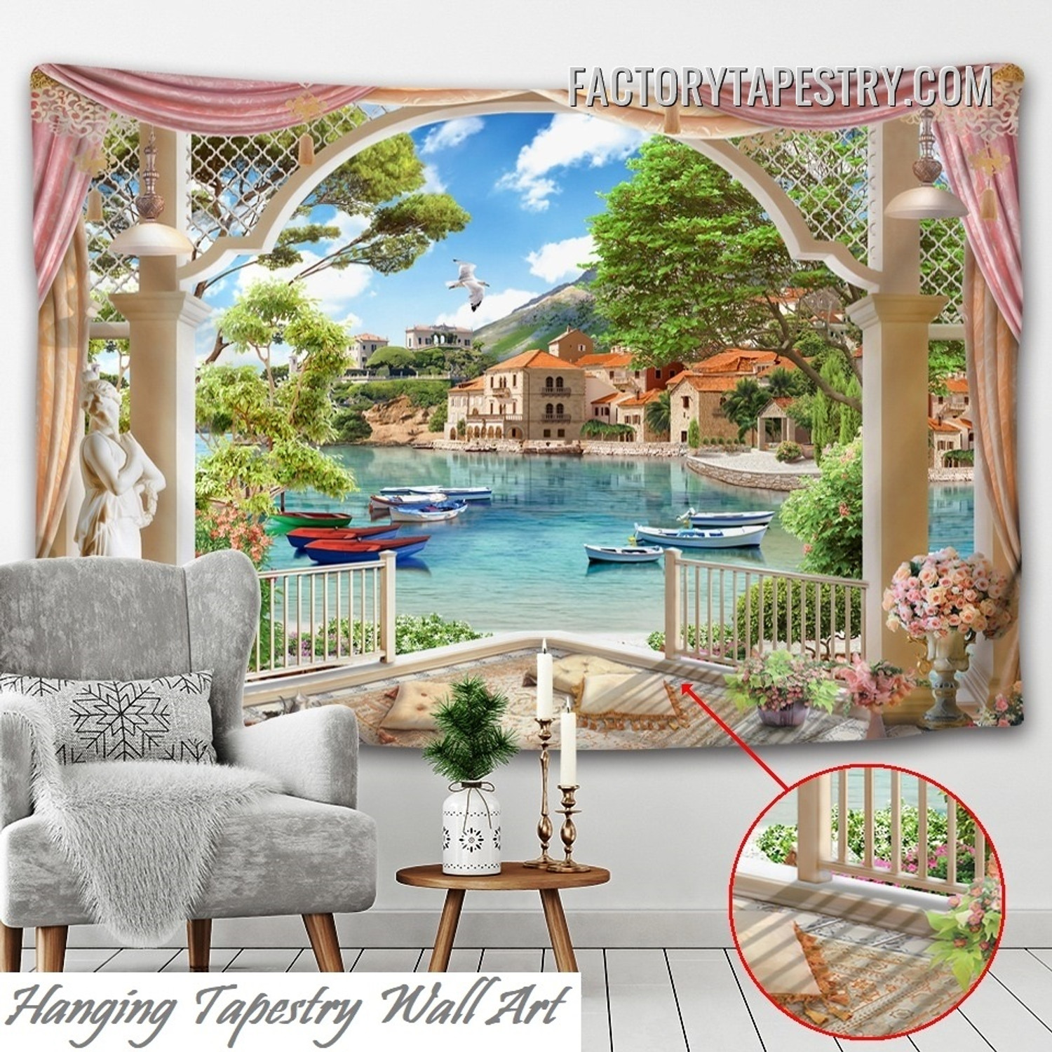 Seaside Village Modern Landscape Tapestry Wall Hanging Art