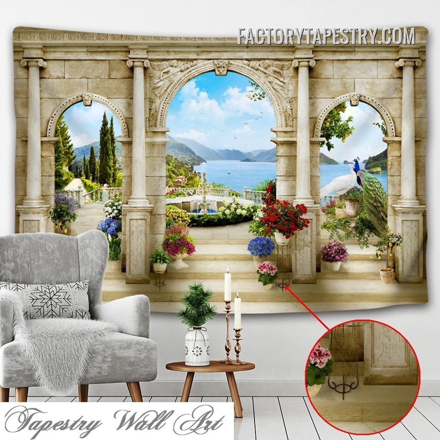 Peacocks on Terrace Architecture Modern Landscape Wall Art Tapestry