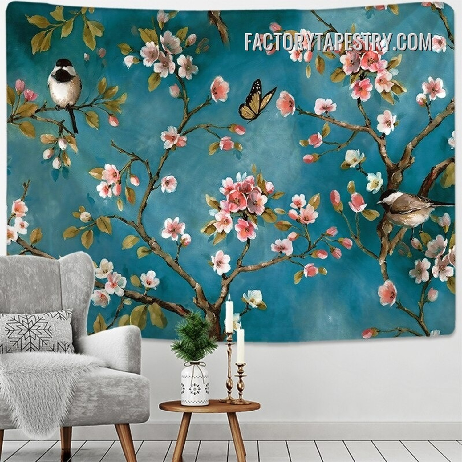 Birds and Flowers II Floral Vintage Wall Décor Tapestry