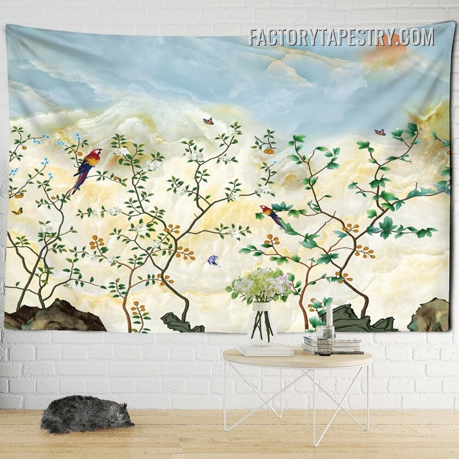 Landscape Scenery II Bird Floral Vintage Wall Decor Tapestry