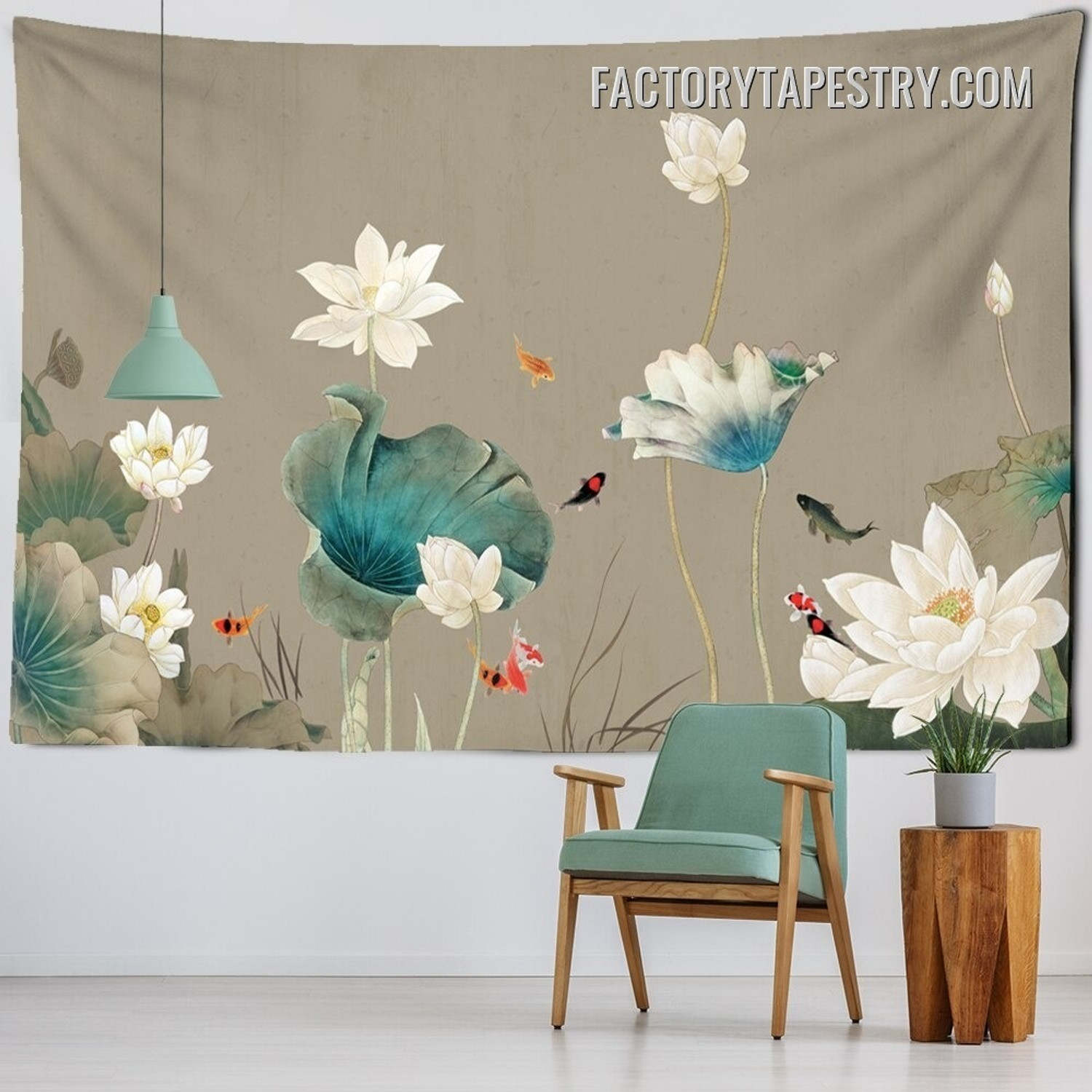 Chinese Lotus and Fishes Floral Vintage Wall Art Tapestry