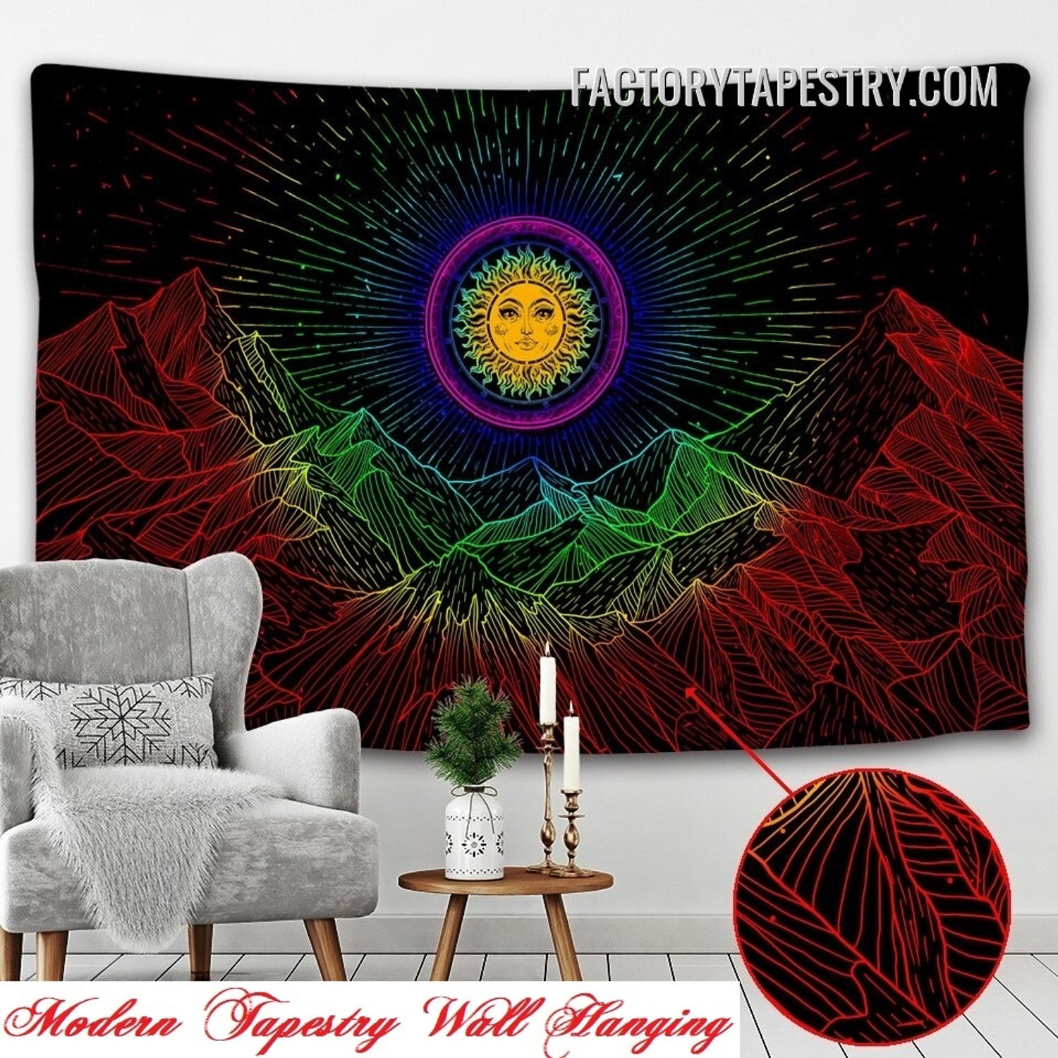 Burning Mandala Sun Modern Tapestry Wall Hanging