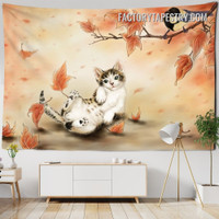 Cute Cat Animal Maple Leaves Hippie Wall Art Tapestry for Children’s Room Dorm Decor