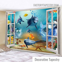 Underwater Dolphins Animal Seascape 3D Illustration Modern Wall Hanging Tapestry for Living Room Decoration