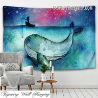 Fisherman Watercolor Seascape Modern Wall Art Tapestry for Bedroom Dorm Home Decoration