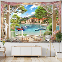 Seaside Country Landscape Modern Wall Hanging Window Tapestry for Living Room Decoration