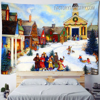 Christmas Caroling in The Village Landscape Retro Wall Hanging Tapestry for Room Decoration