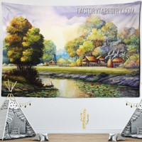 Countryside Landscape Watercolor Nature Artwork Retro Wall Hanging Tapestry for Home Decoration