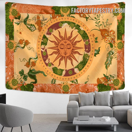 Burning Mandala Sun I Botanical Hippie Bohemian Wall Hanging Tapestry