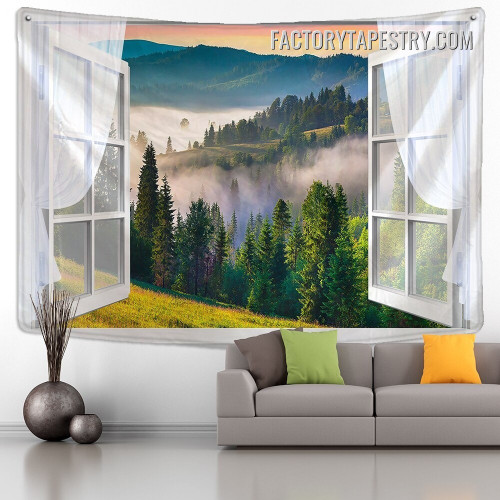 Window View Foggy Mountain Landscape Nature Modern Wall Hanging Tapestry for Home Decor