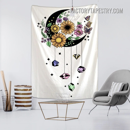 Crescent Moon with Flowers I Floral Bohemian Tarot Wall Art Tapestry for Bedroom