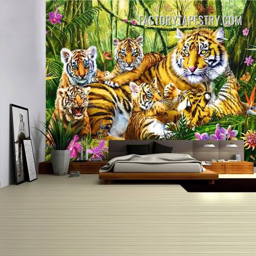 Family of Tigers Animal Landscape Modern Wall Hanging Tapestry for Living Room Dorm Décor