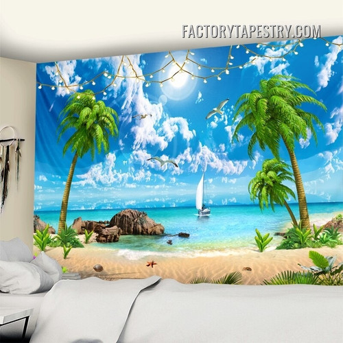 Tropical Island Seashore Ocean Beach Palm Trees Wall Hanging for Nature Landscape Tapestry