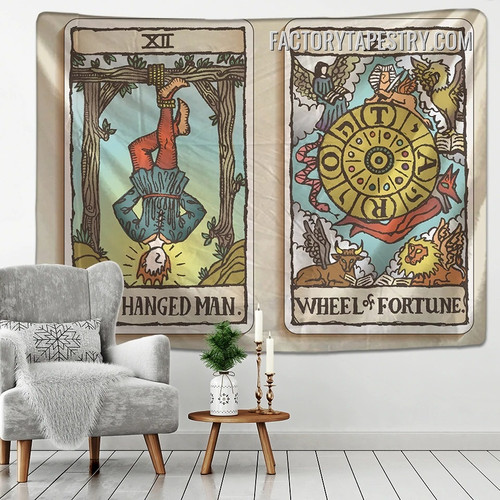 The Hanged Man and The Wheel of Fortune Medieval Europe Divination Tapestry Wall Hanging for Vintage Tarot Card Tapestries
