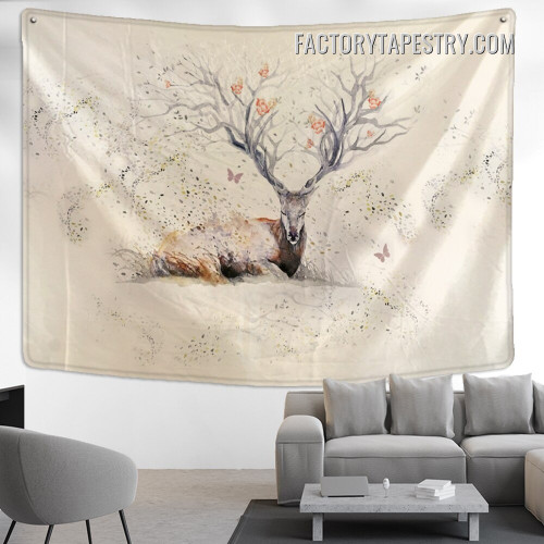 Floral Deer Antlers Animal Modern Wall Hanging Tapestry for Bedroom Dorm Home Decoration