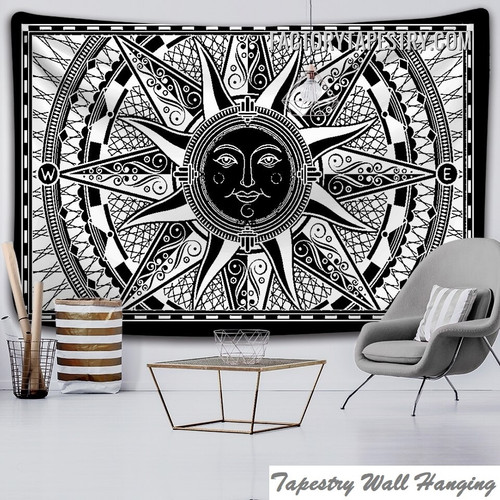 Vintage Moon Compass Mandala Pattern Retro Wall Hanging Tapestry for Room Decoration