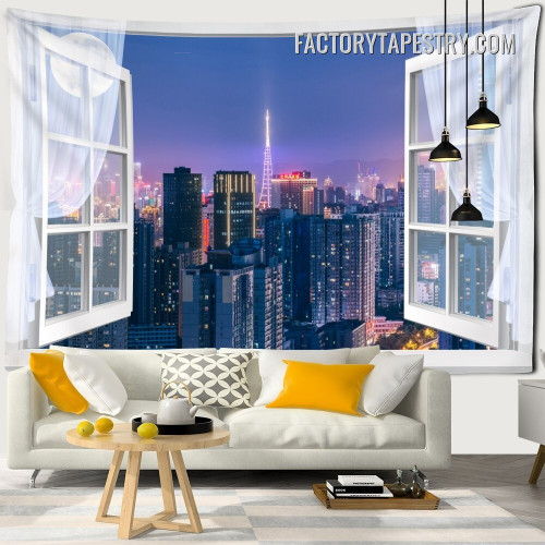 Cityscape Night Window Scenery Modern Wall Hanging Tapestry for Living Room Decoration