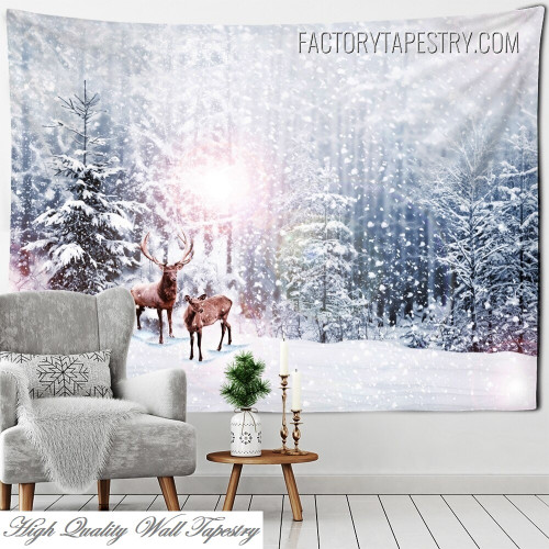 Snow Forest Animal Nature Landscape Modern Wall Hanging Tapestry for Bedroom Decoration