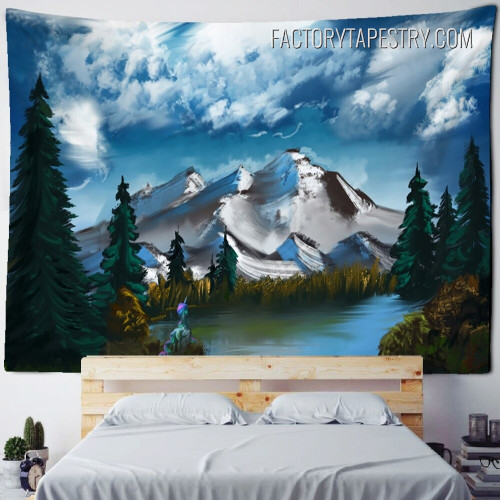 Mountain Lake Watercolor Landscape Retro Wall Hanging Tapestry for Home Decoration