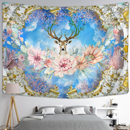 Flower Deer Head 3D Wall Mural Nordic Wall Hanging Tapestry for Aesthetic Room Décor