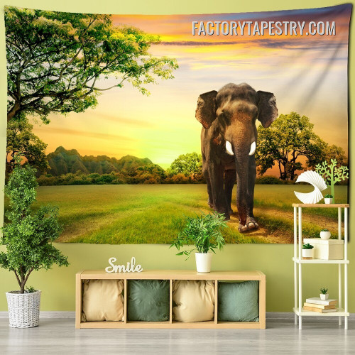 Elephant Sunset Modern Animal Landscape Tapestry Wall Art