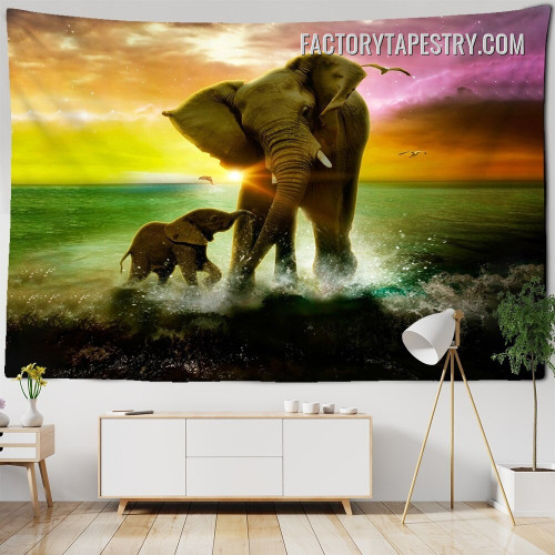 Seaside Elephant Animal Landscape Modern Tapestry Wall Art