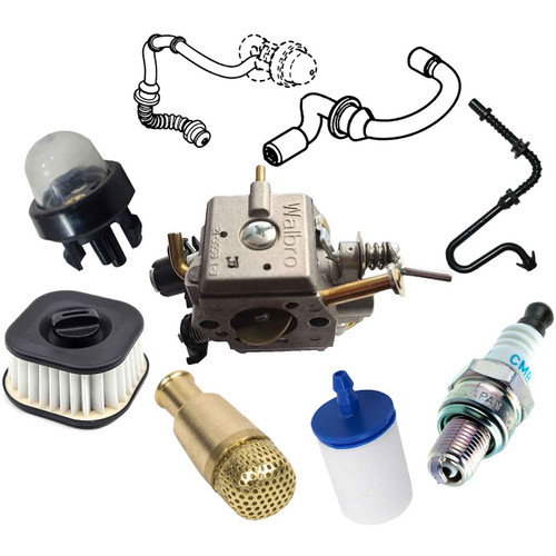 HUSQ 585 COMPLETE CARBURETOR AIR-OIL-FUEL FILTERS SPARK PLUG FUEL LINES PRIMER BULB KIT OEM
