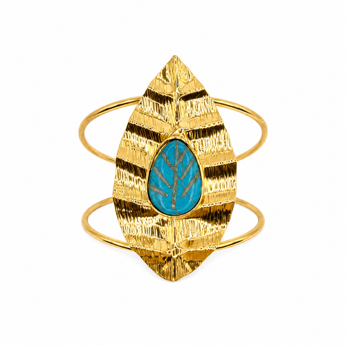 Komuya Amaru 24K Gold Plated Bronze faux Turquoise Cuff Bracelet Handcrafted Colombian Jewelry