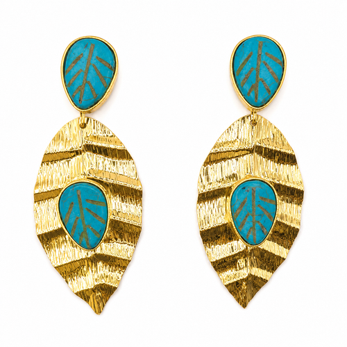 Komuya Amaru 24K Gold Plated Bronze Textured Leaf Earrings Handcrafted Turquoise Resin Drops