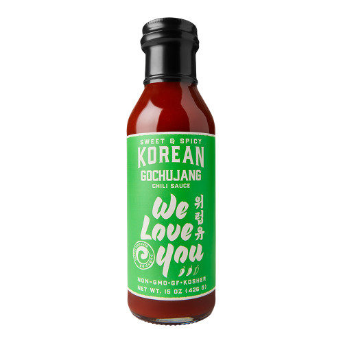 bottle of We Love You Korean gochujang sauce with green label