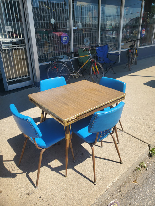 MCM Table with Leaf and 4 Matching Blue Chairs