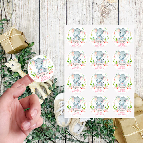 Elephant Baby Shower Circle Stickers - Personalised For You | Design 20299