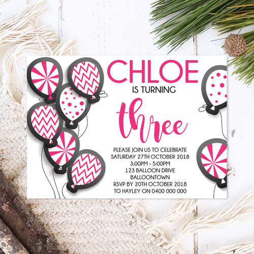 Pink Balloons Birthday Invitation - Personalised For You | Design 20365
