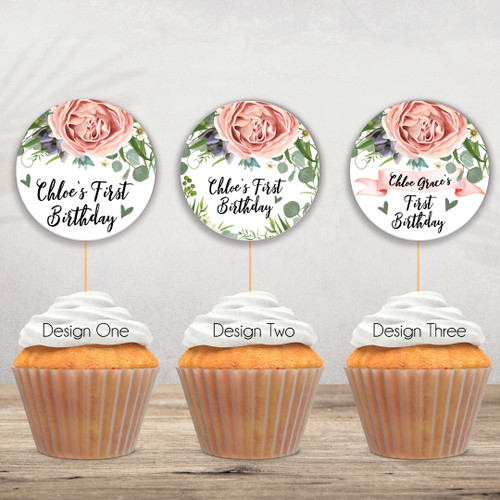 Dusty Rose Birthday Cupcake Toppers - Personalised For You | Design 20327