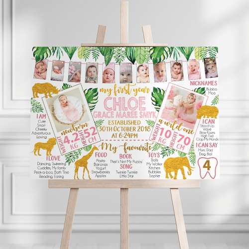 Golden Safari My First Year Photo Milestone Board - Personalised For You | Design 20370 Pink