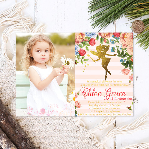 Peachy Fairy Garden Photo Birthday Invitation - Personalised For You | Design 20225