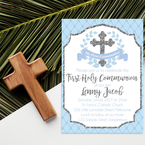 Sacred Blue First Communion Invitation - Personalised For You | Design 20154