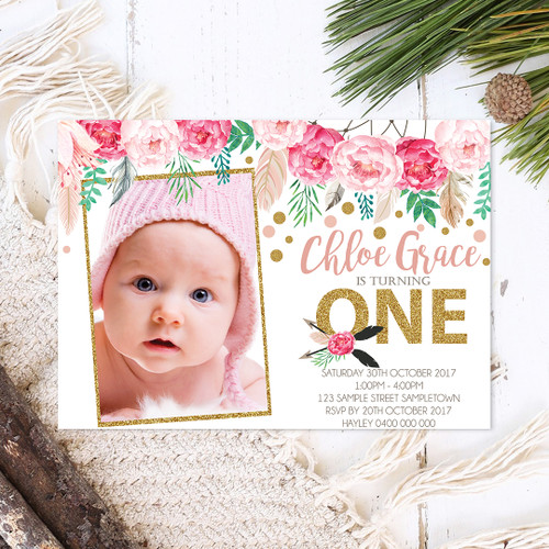 Boho Rose Dream Photo Birthday Invitation - Personalised For You | Design 20098