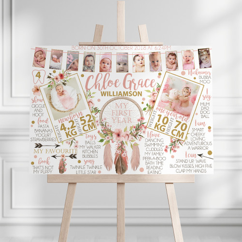 Boho Dreams My First Year Photo Milestone Board - Personalised For You | Design 20100