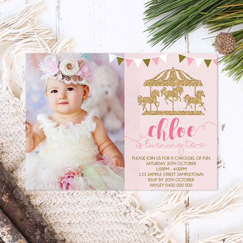 Golden Carousel Photo Birthday Invitation - Personalised For You | Design 20223