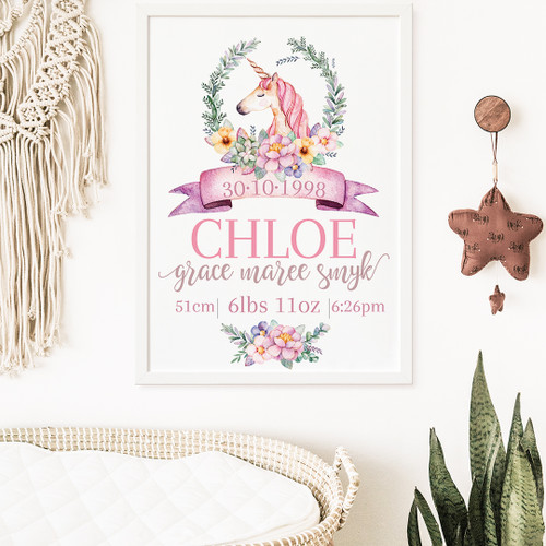 Unicorn In Bloom Birth Print - Personalised For You | Design 20220