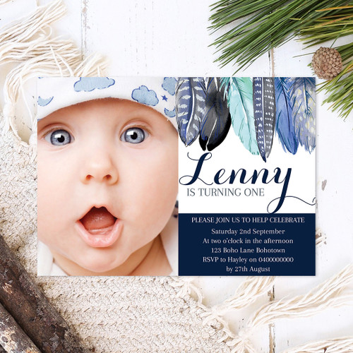 Blue Feathers Photo Birthday Invitation - Personalised For You | Design 20167