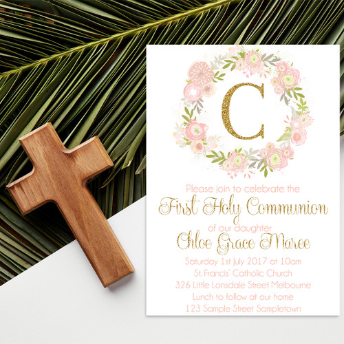 Floral Wreath First Communion Invitation - Personalised For You | Design 20158