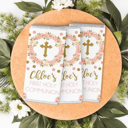Floral Wreath First Communion Chocolate Wrapper - Personalised For You | Design 20101