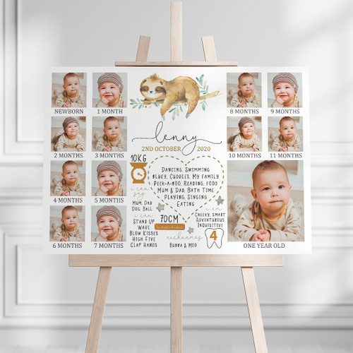 Sleepy Sloth My First Year Photo Milestone Board - Personalised For You | Design 20795